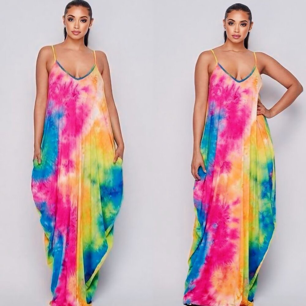 Women's Smokey Rainbow Tie-Dye Print Shirt Maxi Dress